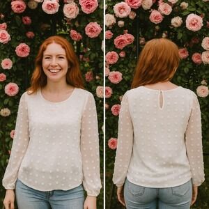 White Sheer Blouse Small Swiss Dot Long Sleeve Elegant Top‎